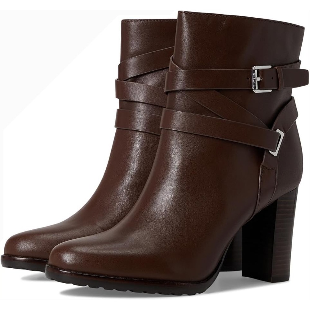 Lauren Ralph Lauren Collins Leather Ankle Boots Dark Hickory Brown Buckle Size 6